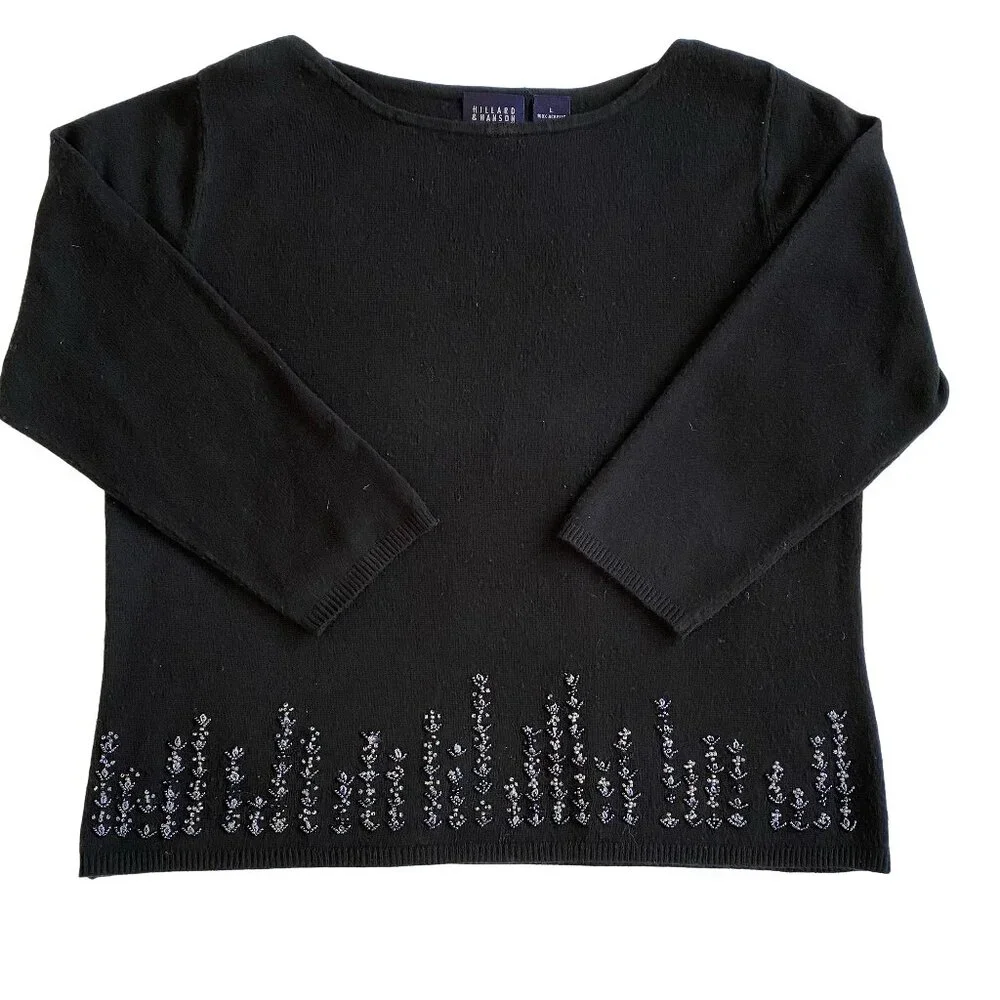 HILLARD &‎ HANSON Black Beaded Hem Knit Sweater 3/4 Sleeve 90s Y2K Vintage L